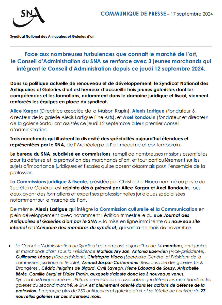 COMMUNIQUÉ DE PRESSE - 3 Nouveaux membres au Conseil d'Administration du SNA