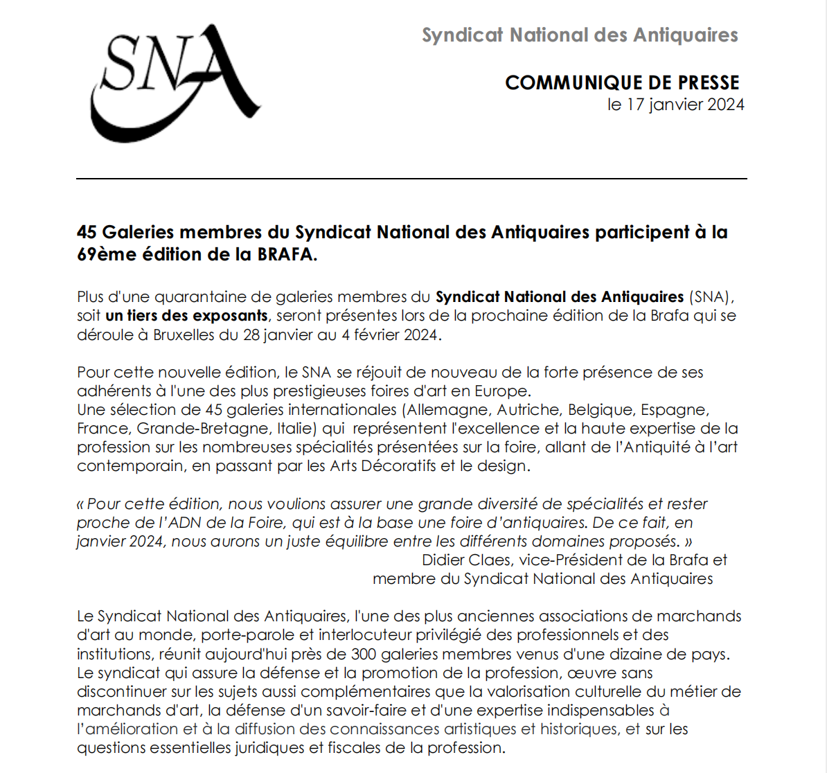 COMMUNIQUÉ DE PRESSE - 45 Galeries membres du Syndicat National des Antiquaires participent à la  69ème édition de la BRAFA