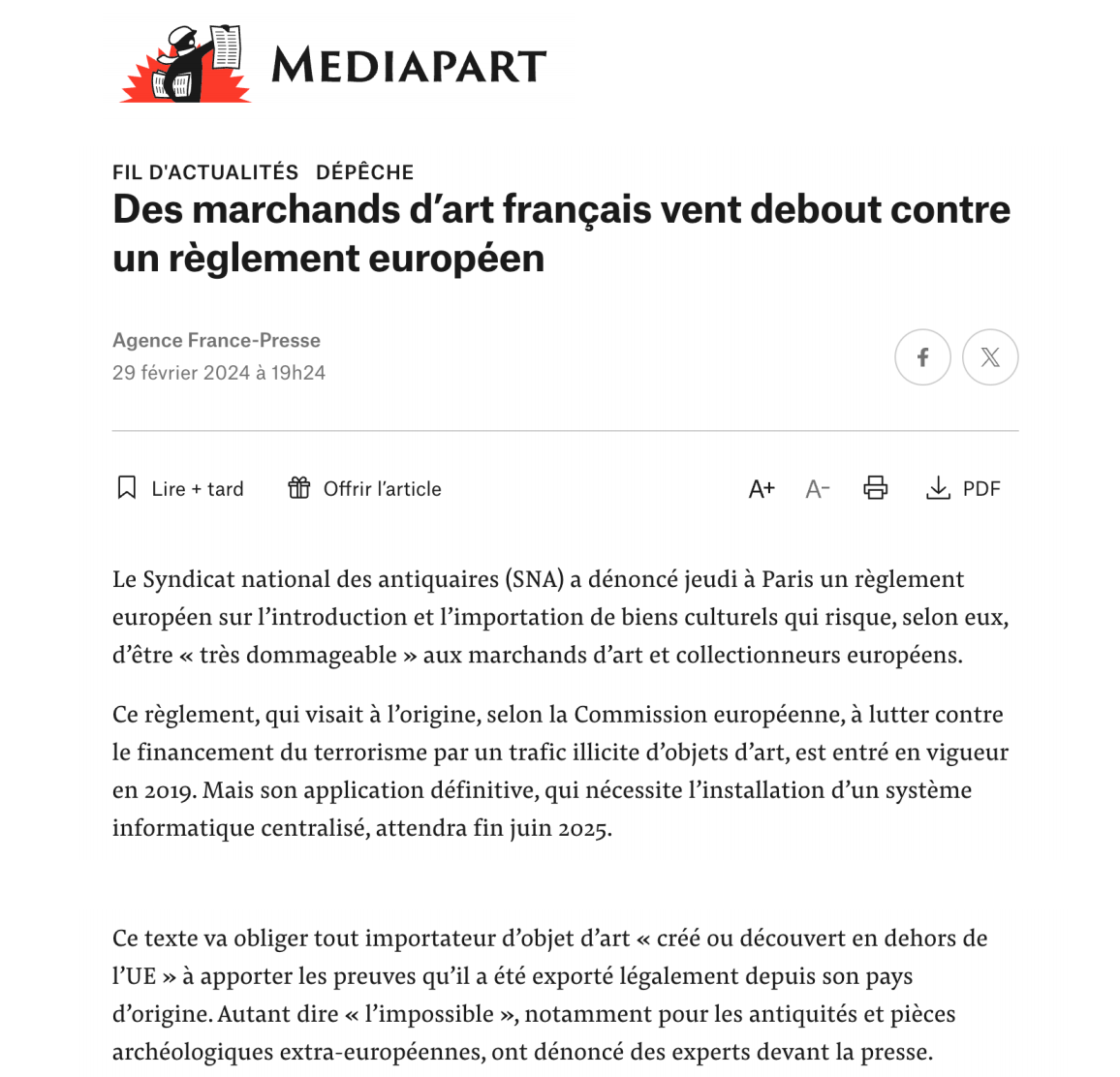 MEDIAPART - Des marchands d'art français vent debout contre un règlement européen