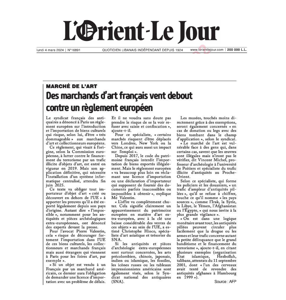 L'ORIENT LE JOUR - Des marchands d'art français vent debout contre un règlement européen