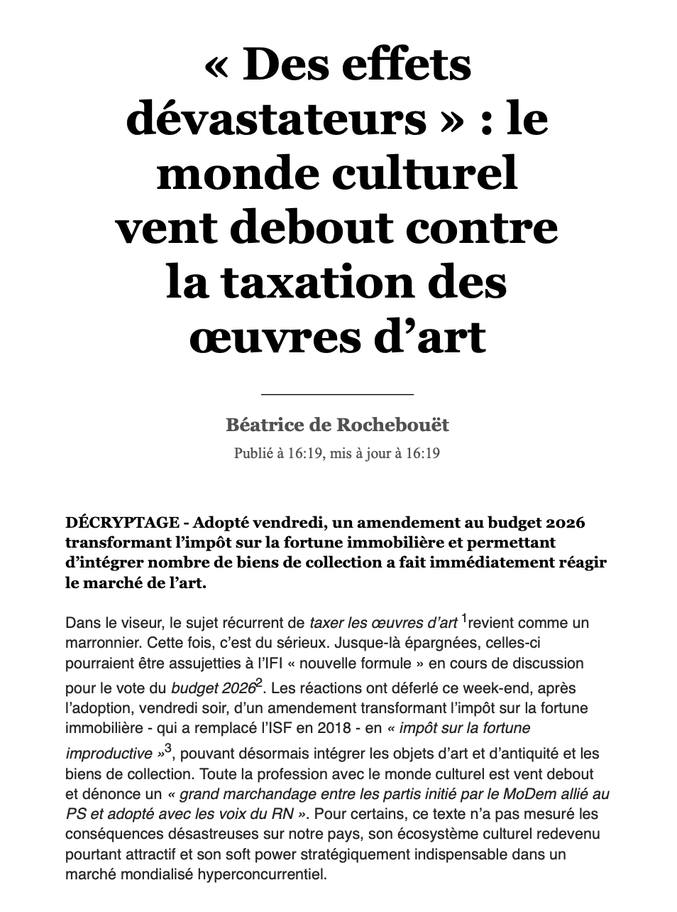LE FIGARO - « Des effets dévastateurs » : le monde culturel vent debout contre la taxation des œuvres d’art
