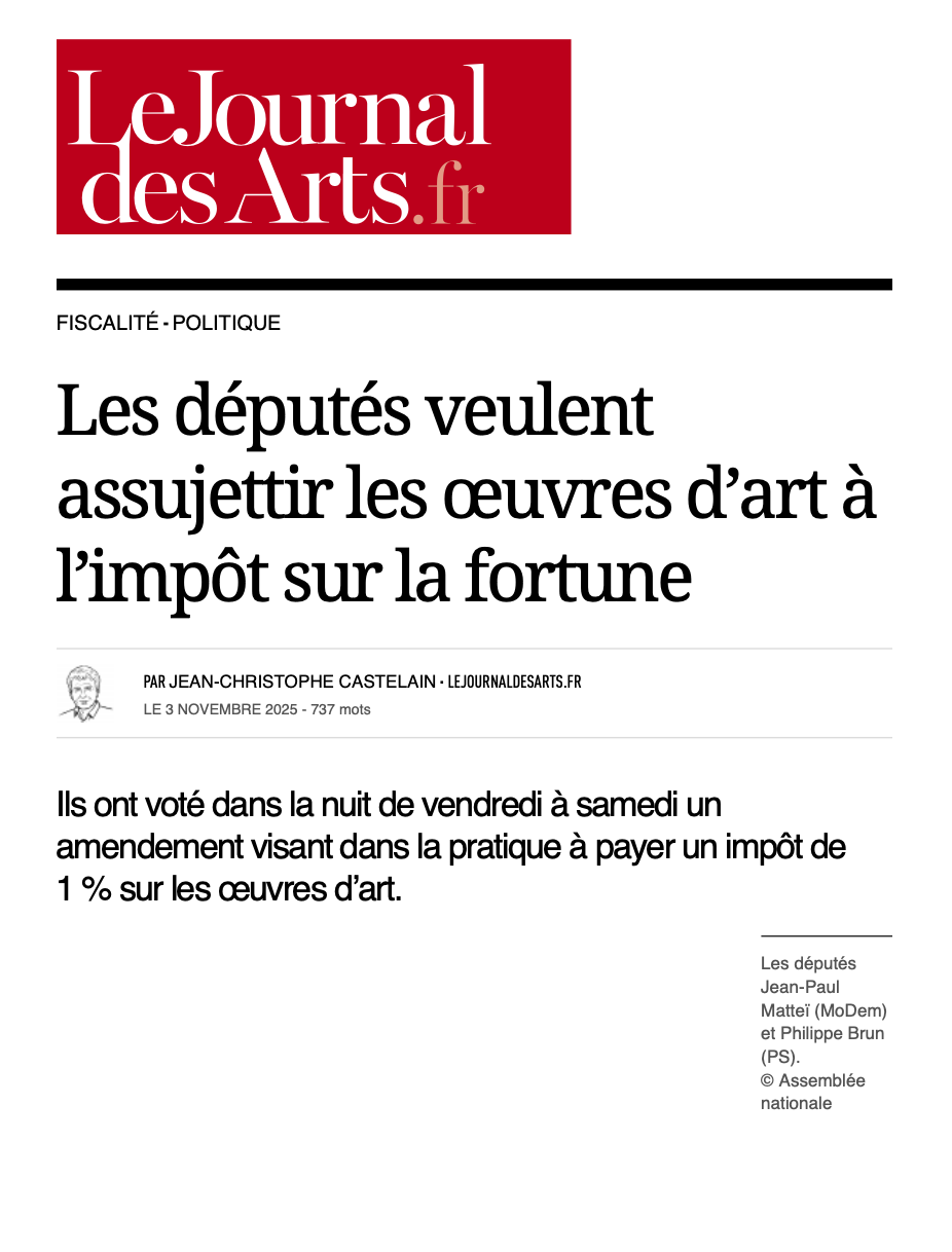 LE JOURNAL DES ARTS - Les députés veulent assujettir les œuvres d’art à l’impôt sur la fortune