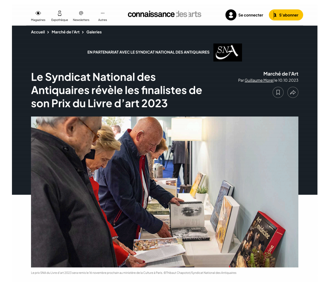 CONNAISSANCE DES ARTS - Le Syndicat National des Antiquaires révèle les finalistes de son Prix du Livre d'art 2023