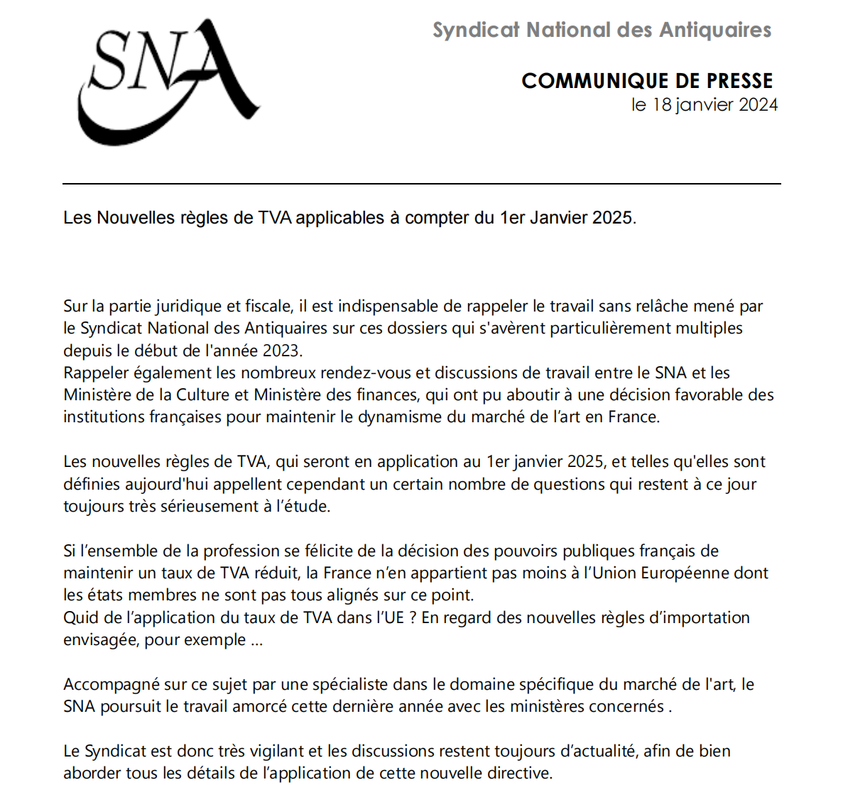 COMMUNIQUÉ DE PRESSE - Les Nouvelles règles de TVA applicables à compter du 1er Janvier 2025