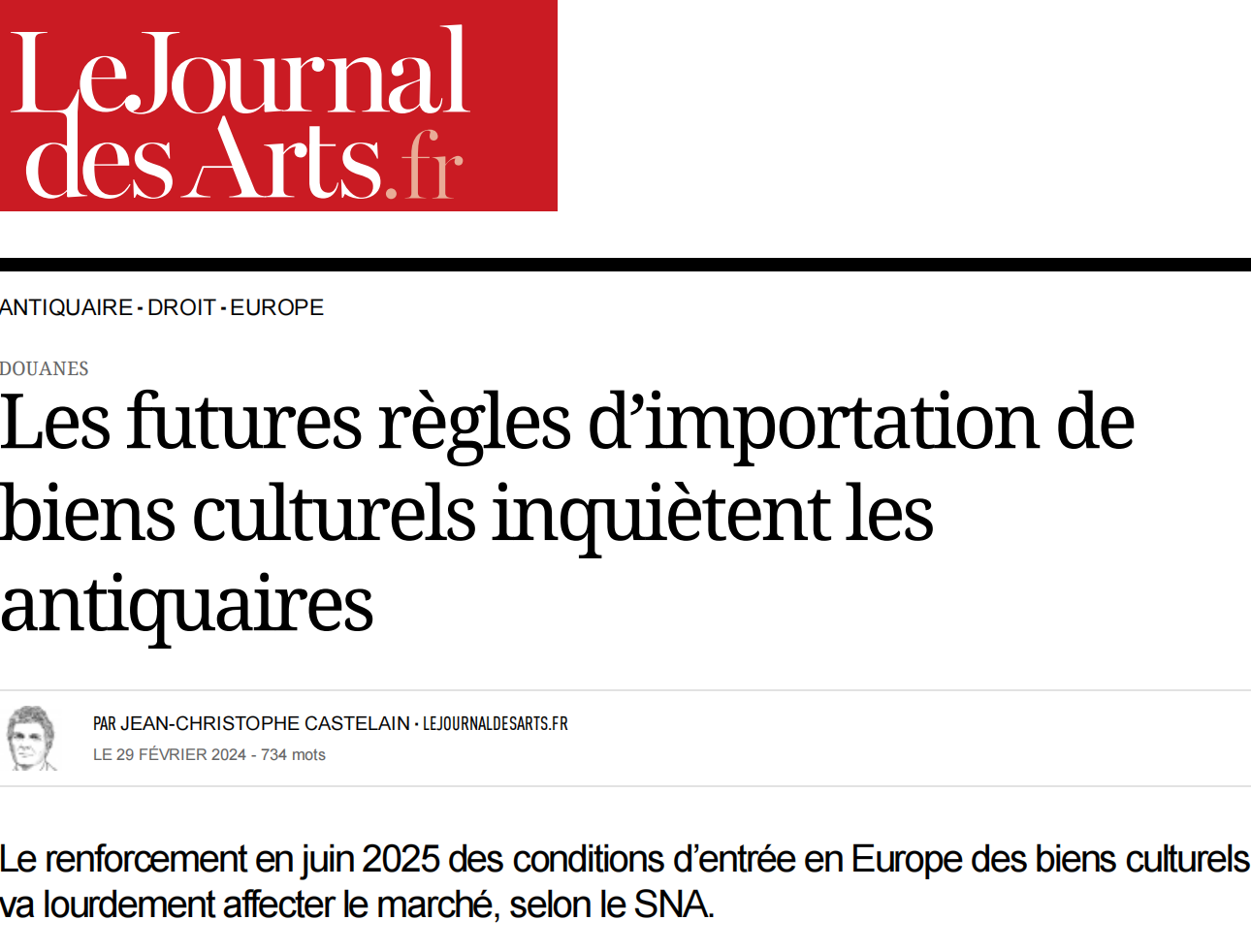 LE JOURNAL DES ARTS - Les futures règles d’importation de biens culturels inquiètent les antiquaires
