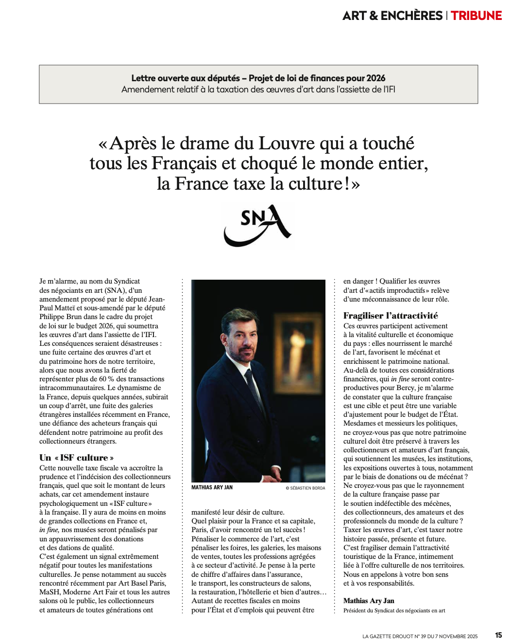 LA GAZETTE DROUOT - Lettre ouverte aux députés – Projet de loi de finances pour 2026