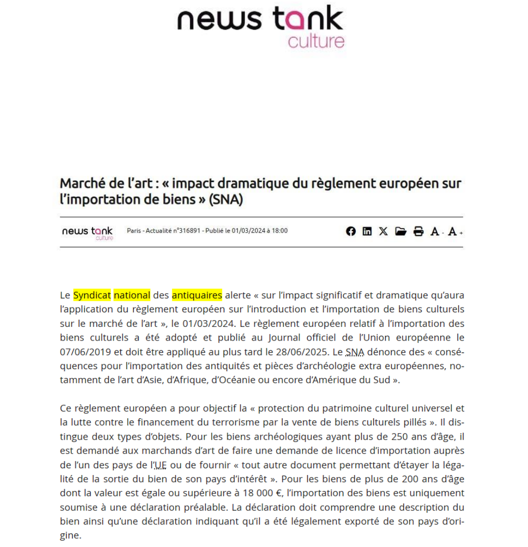 NEWS TANK - Marché de l'art : "impact dramatique du règlement européen sur l'importation de biens"