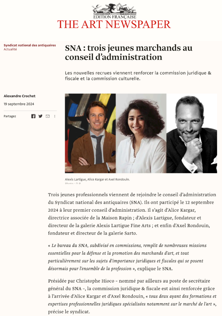 THE ART NEWSPAPER - SNA : trois jeunes marchands au conseil d'administration