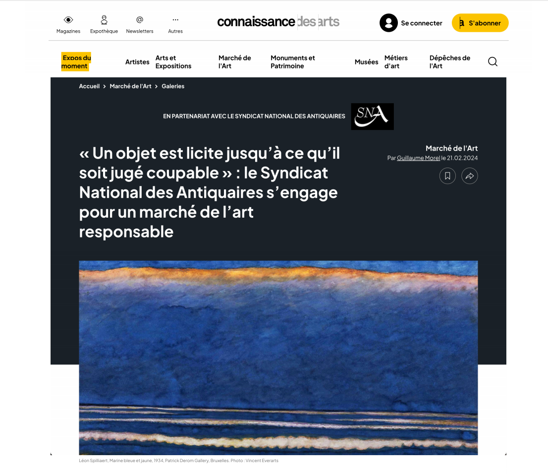 CONNAISSANCE DES ARTS - "Un objet est licite jusqu'à ce qu'il soit jugé coupable" : le Syndicat National des Antiquaires s'engage pour un marché de l'art responsable