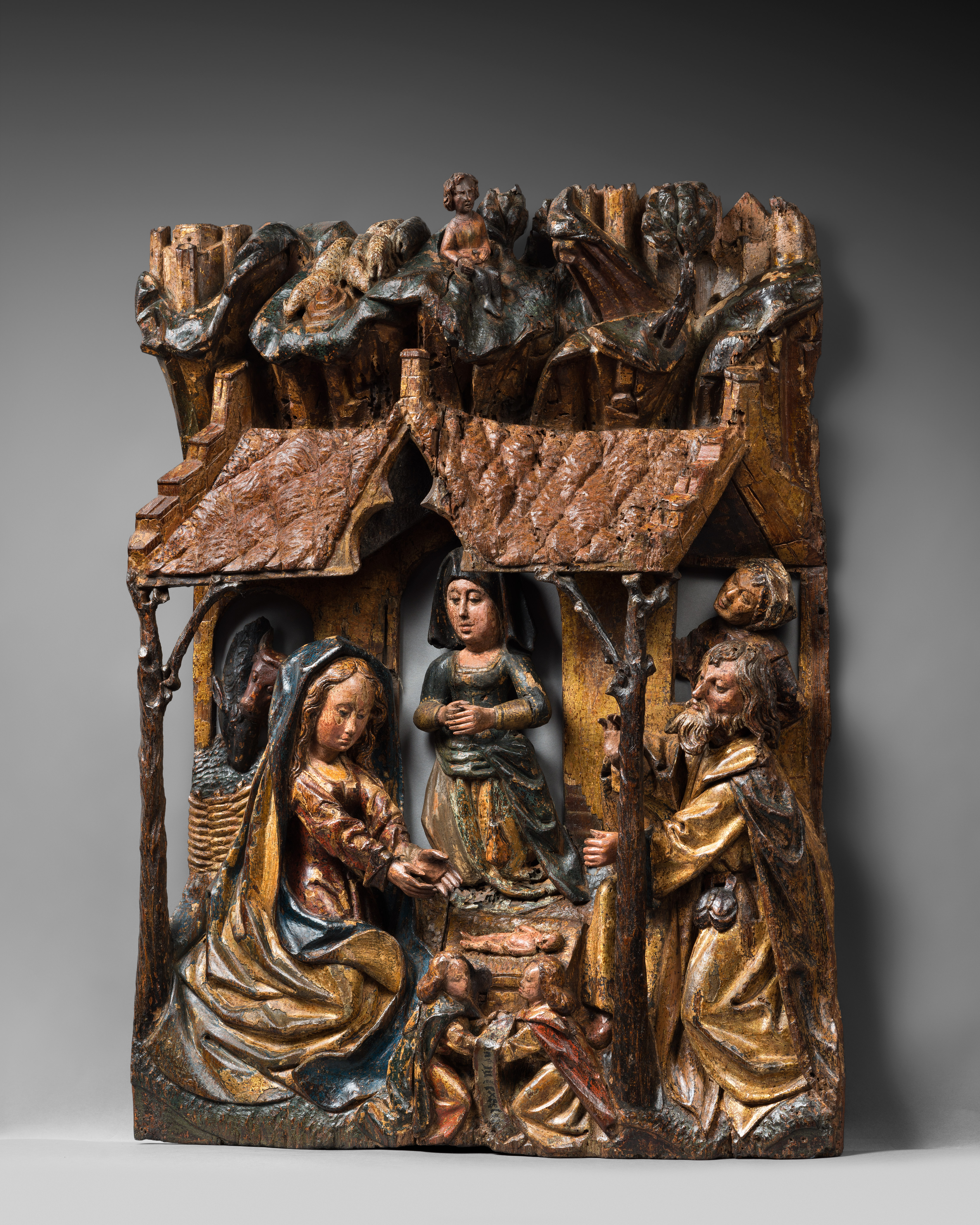 Exceptional polychrome wood carving depicting the Nativity