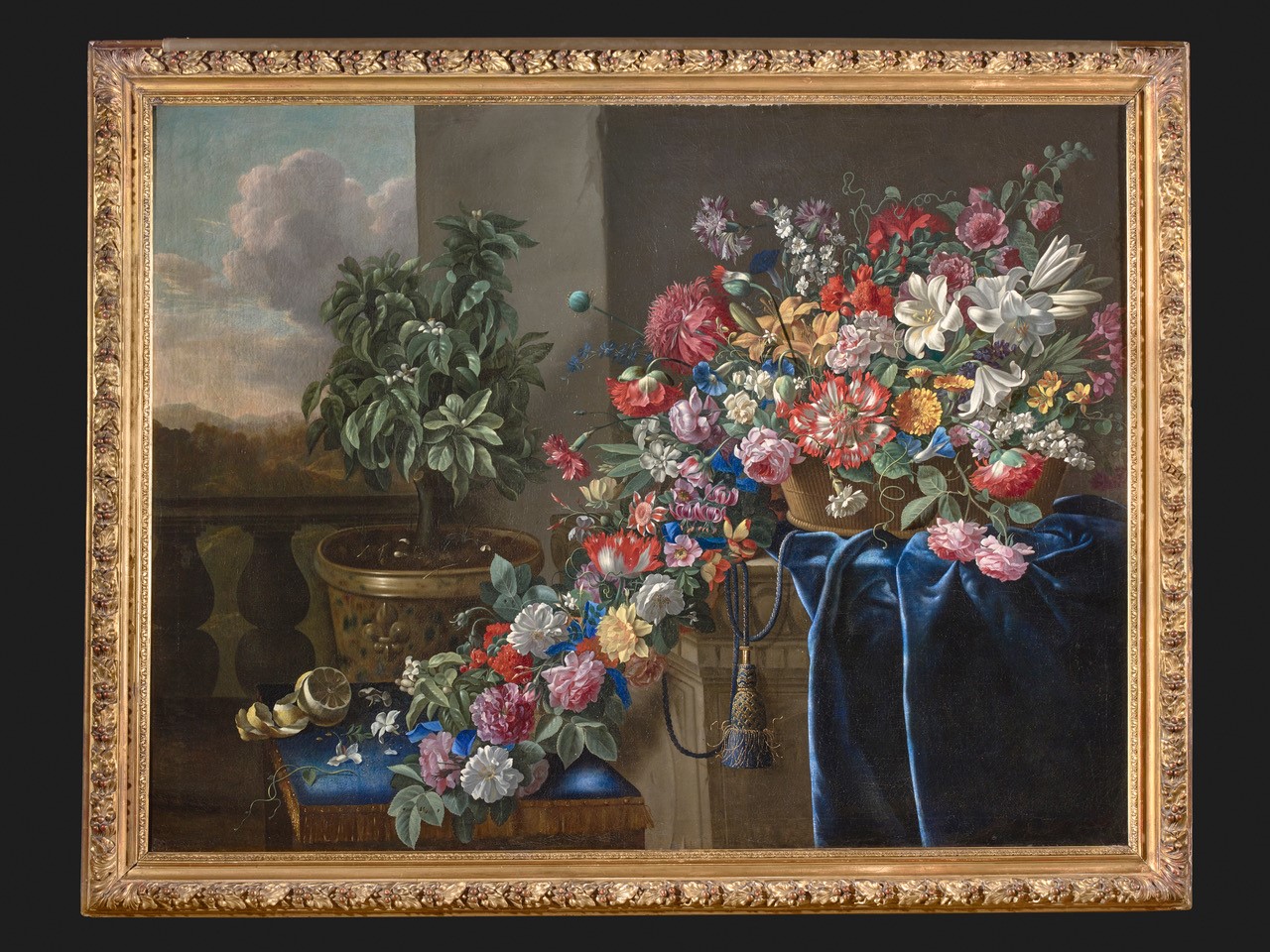 Flowers and orange tree still life