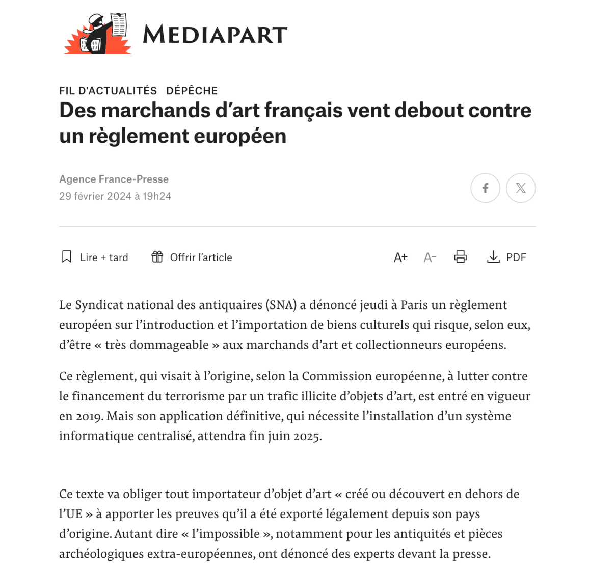MEDIAPART - Des marchands d'art français vent debout contre un règlement européen