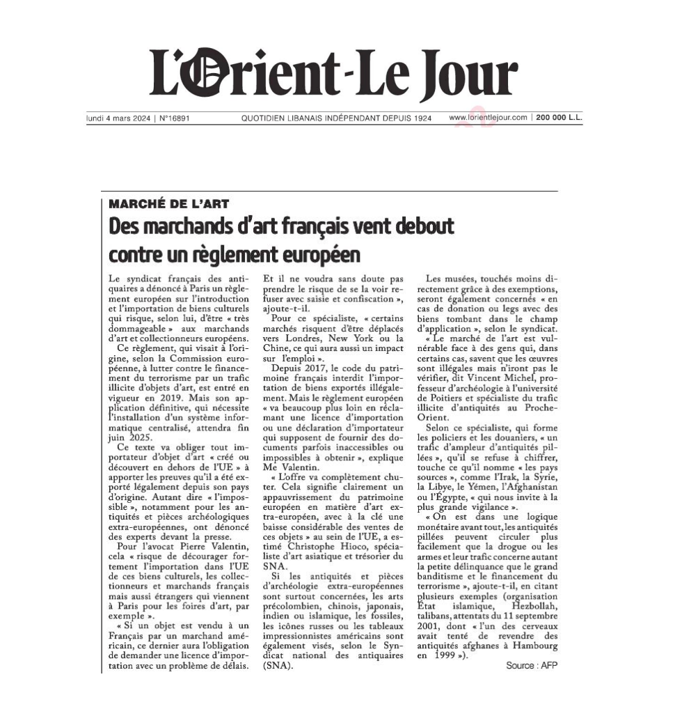 L'ORIENT LE JOUR - Des marchands d'art français vent debout contre un règlement européen