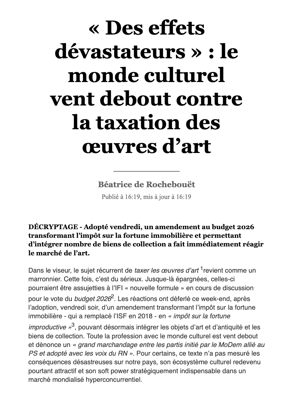 LE FIGARO - « Des effets dévastateurs » : le monde culturel vent debout contre la taxation des œuvres d’art