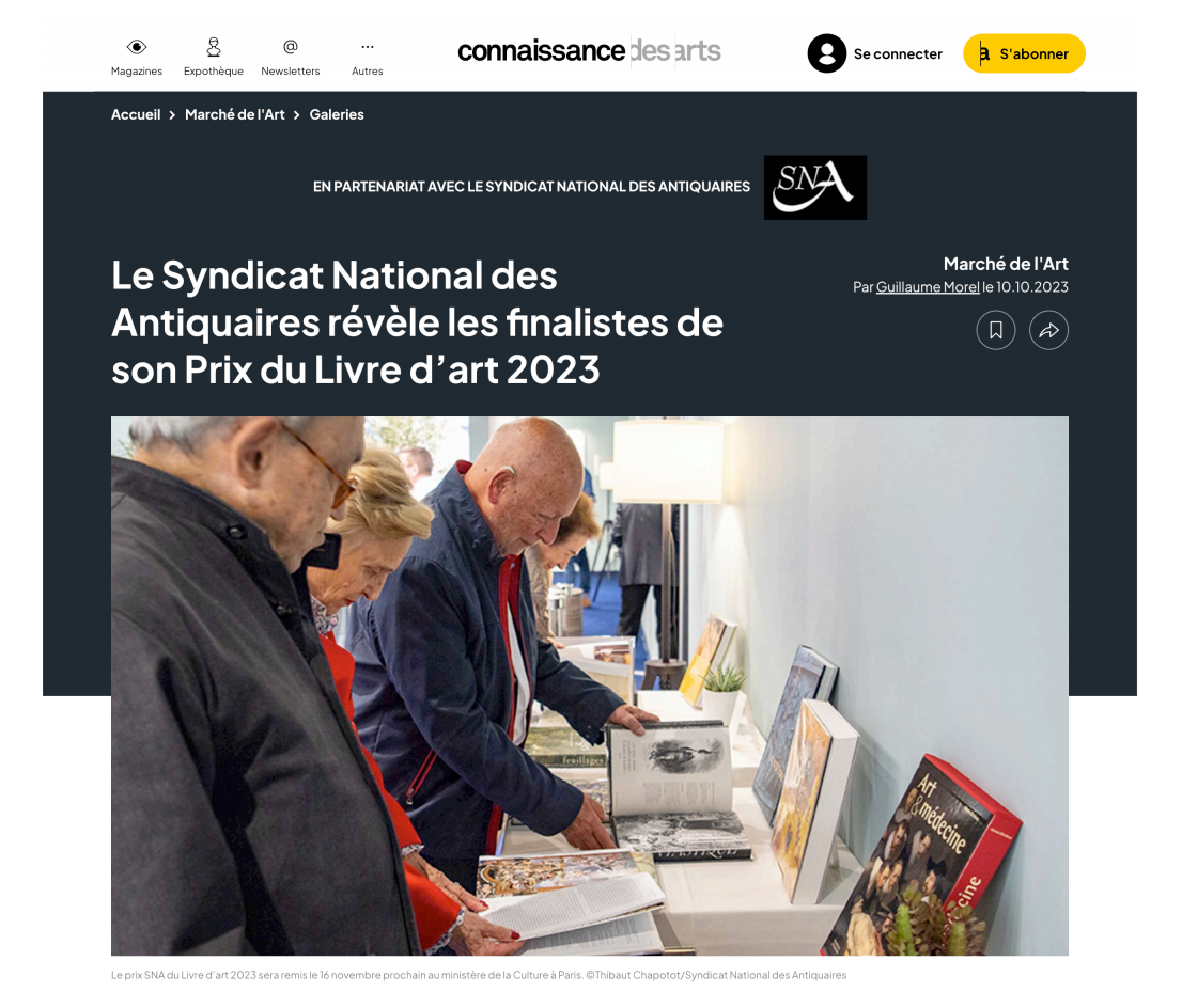 CONNAISSANCE DES ARTS - Le Syndicat National des Antiquaires révèle les finalistes de son Prix du Livre d'art 2023