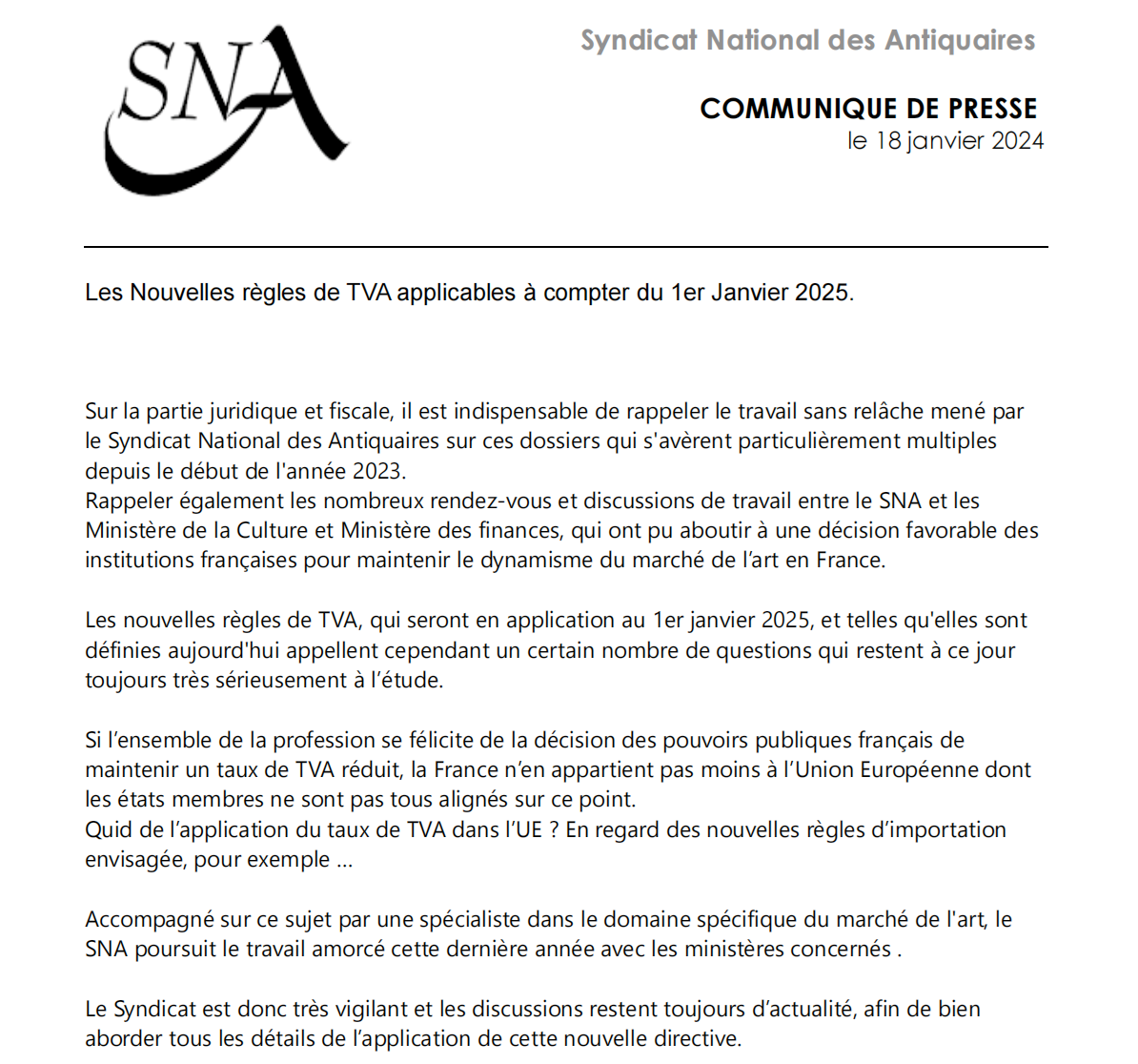 COMMUNIQUÉ DE PRESSE - Les Nouvelles règles de TVA applicables à compter du 1er Janvier 2025