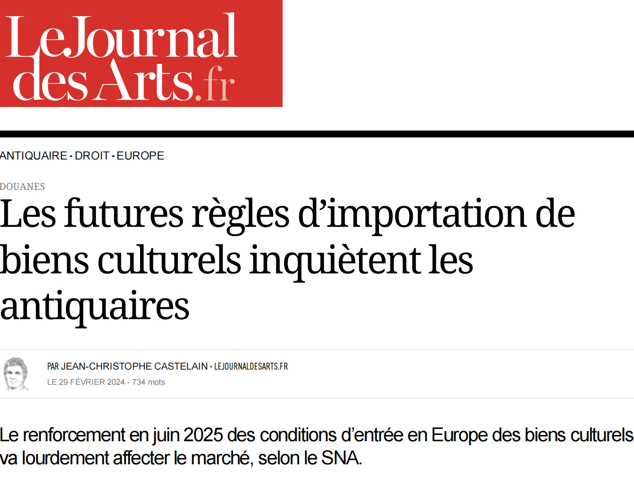 LE JOURNAL DES ARTS - Les futures règles d’importation de biens culturels inquiètent les antiquaires
