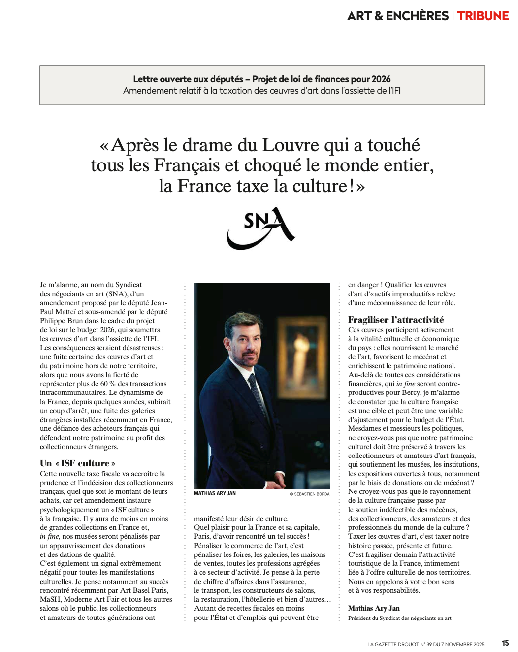 LA GAZETTE DROUOT - Lettre ouverte aux députés – Projet de loi de finances pour 2026