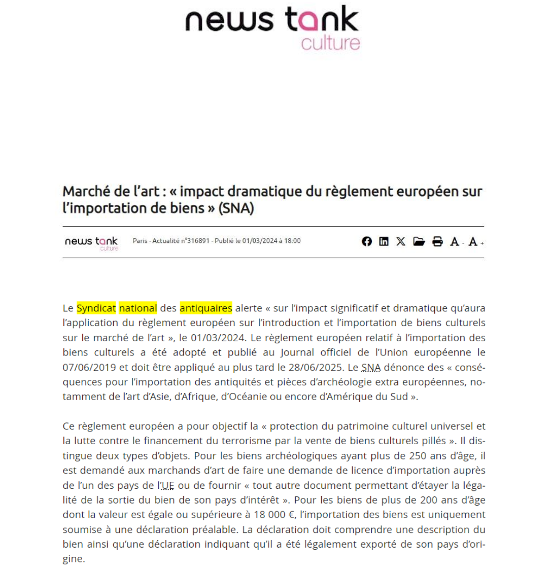 NEWS TANK - Marché de l'art : "impact dramatique du règlement européen sur l'importation de biens"