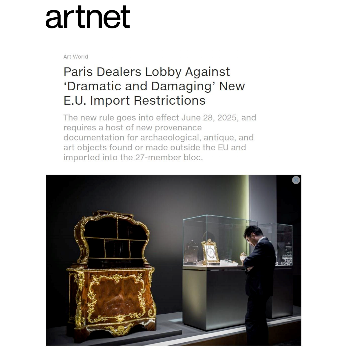 ARTNET - Paris Dealers Lobby Against 'Dramatic and Damaging' New E.U. Import Restrictions