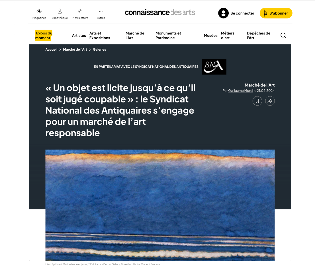 CONNAISSANCE DES ARTS - "Un objet est licite jusqu'à ce qu'il soit jugé coupable" : le Syndicat National des Antiquaires s'engage pour un marché de l'art responsable