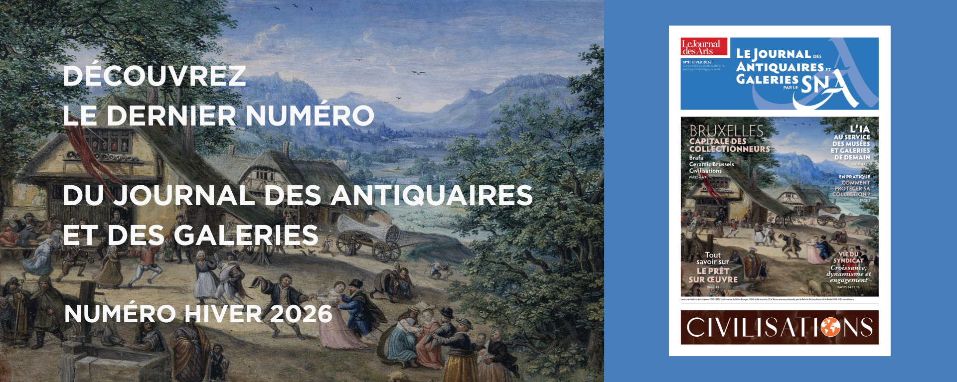 Supporting and promoting antique dealers and art galleries who are members of the Syndicat des Négociants en Art. Presentation of the SNA’s missions: defending and representing art market professionals, providing legal and tax expertise, promoting cultural initiatives, organizing events and fairs, developing institutional and professional partnerships, and enhancing visibility both in France and internationally.